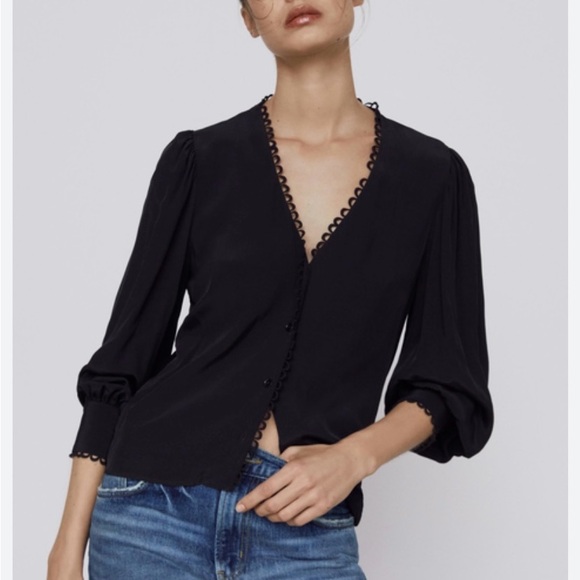Zara Black V-Neck Button Down Blouse Large - Picture 1 of 9